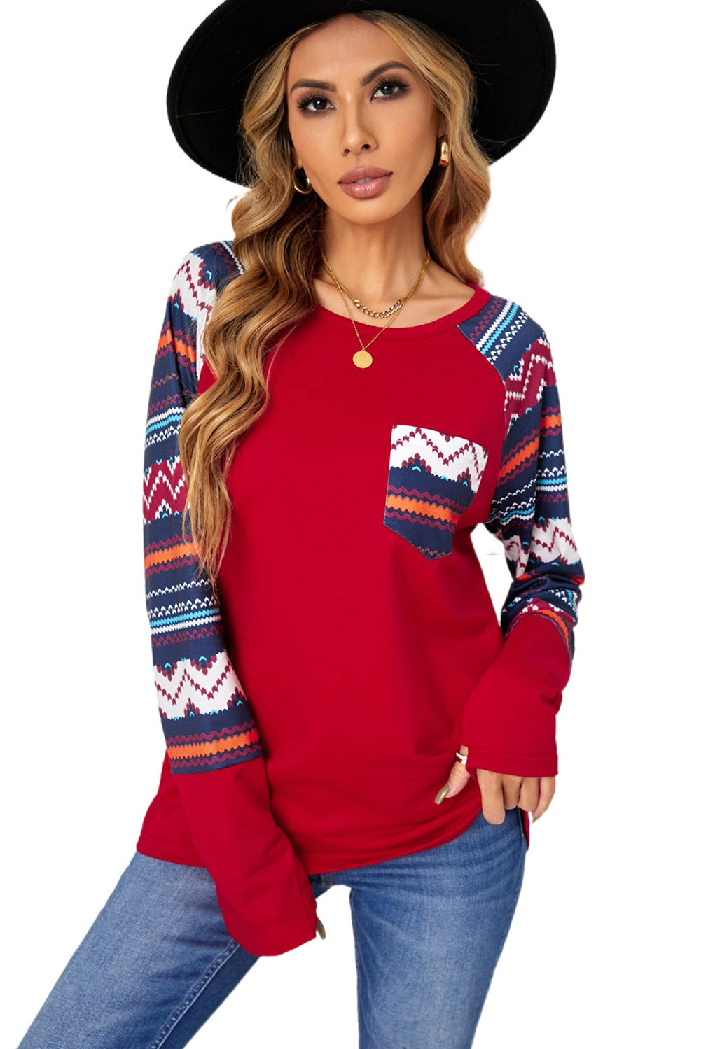 Raglan Sleeve Aztec Geometric Patchwork Top with Pocket