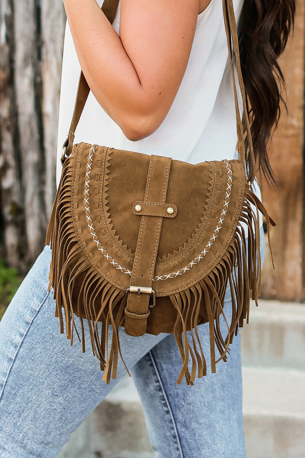 Faux Suede Fringe Retro Saddle Bag