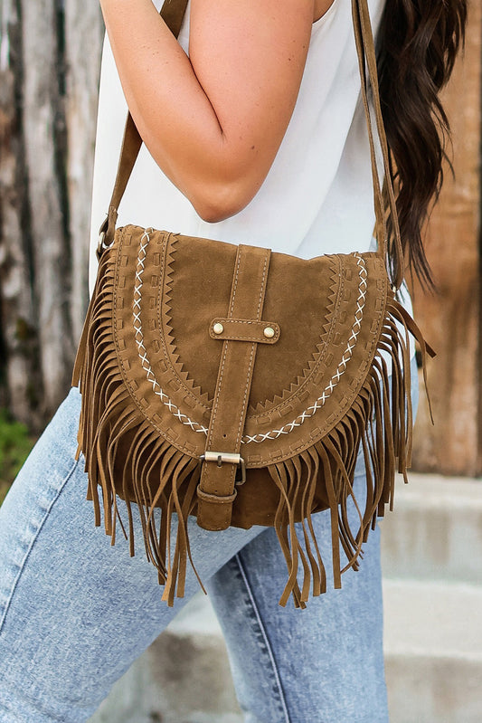 Faux Suede Fringe Retro Saddle Bag