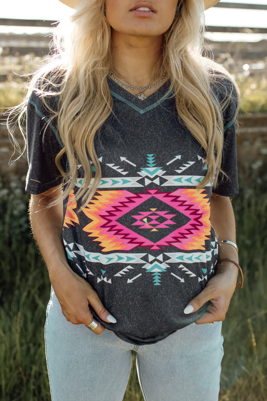 Aztec Geometric Print V Neck Tee