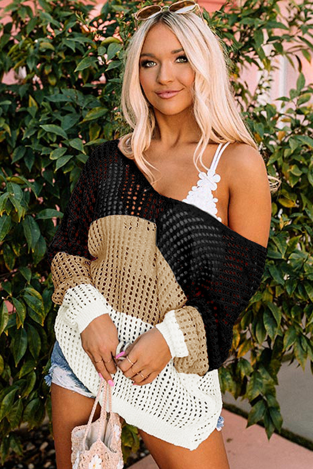 Multicolor Color Block Eyelet Long Sleeve Twisted Back Knit Top