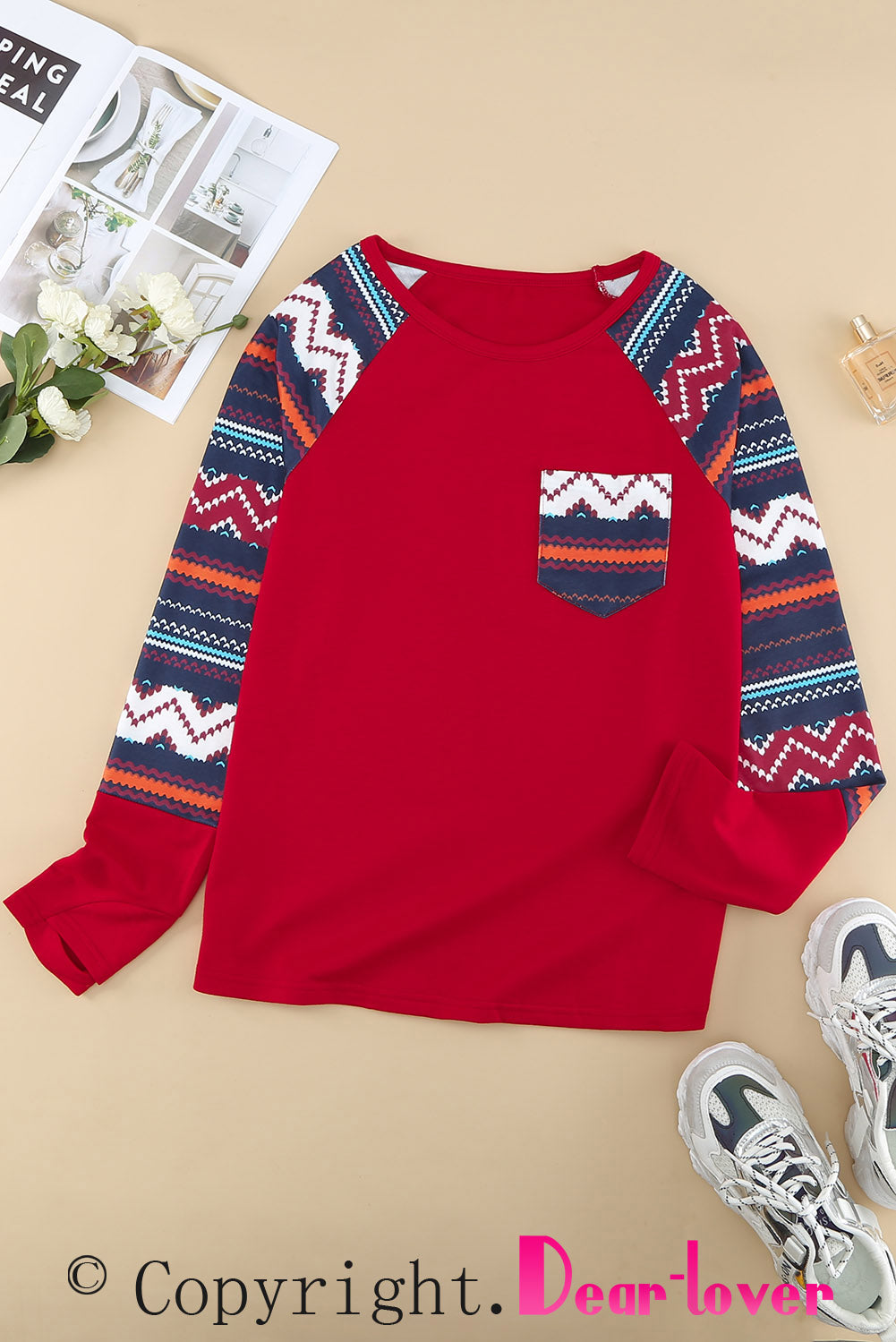 Raglan Sleeve Aztec Geometric Patchwork Top with Pocket