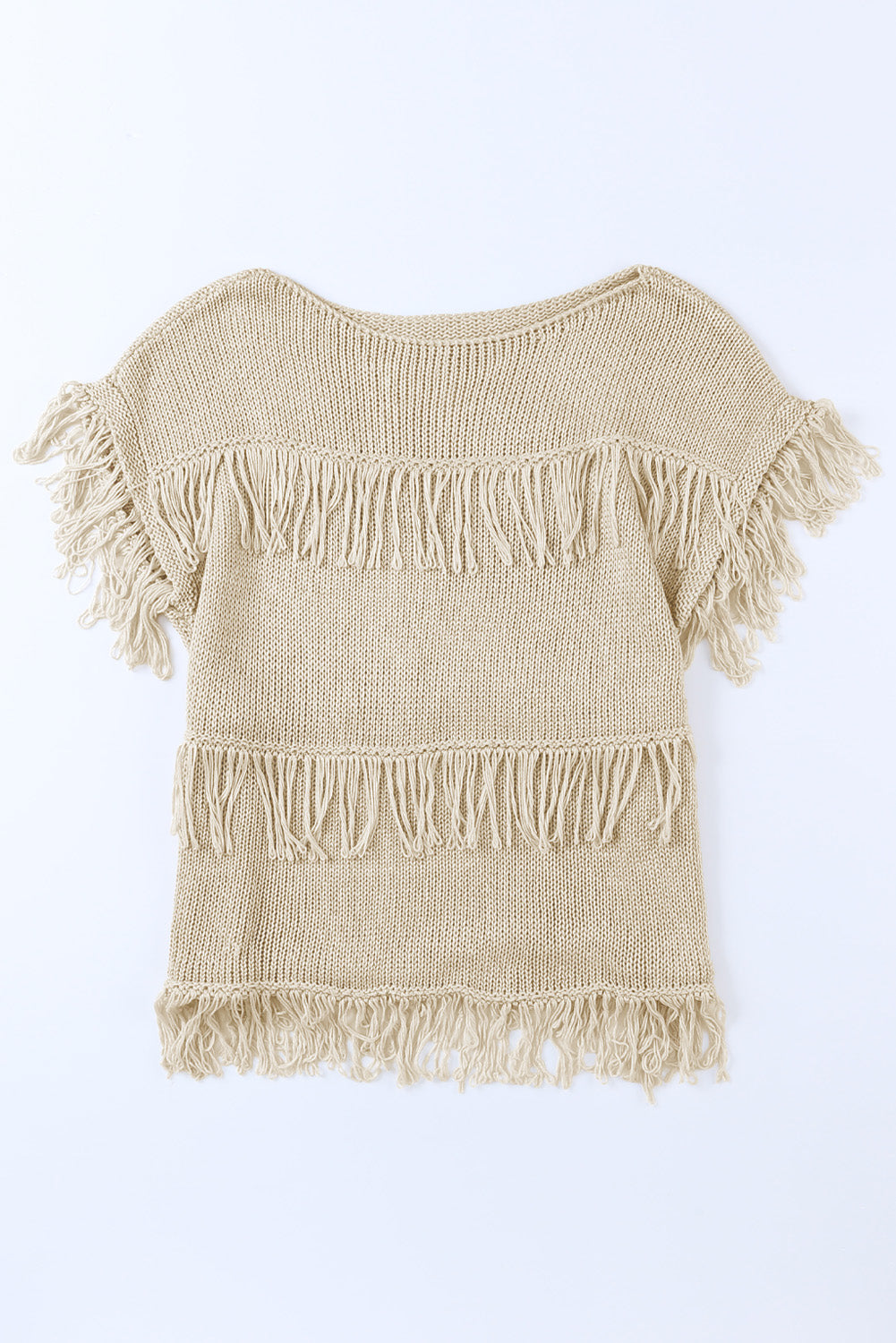 Khaki Crochet Knitted Fringed Short Sleeve Top