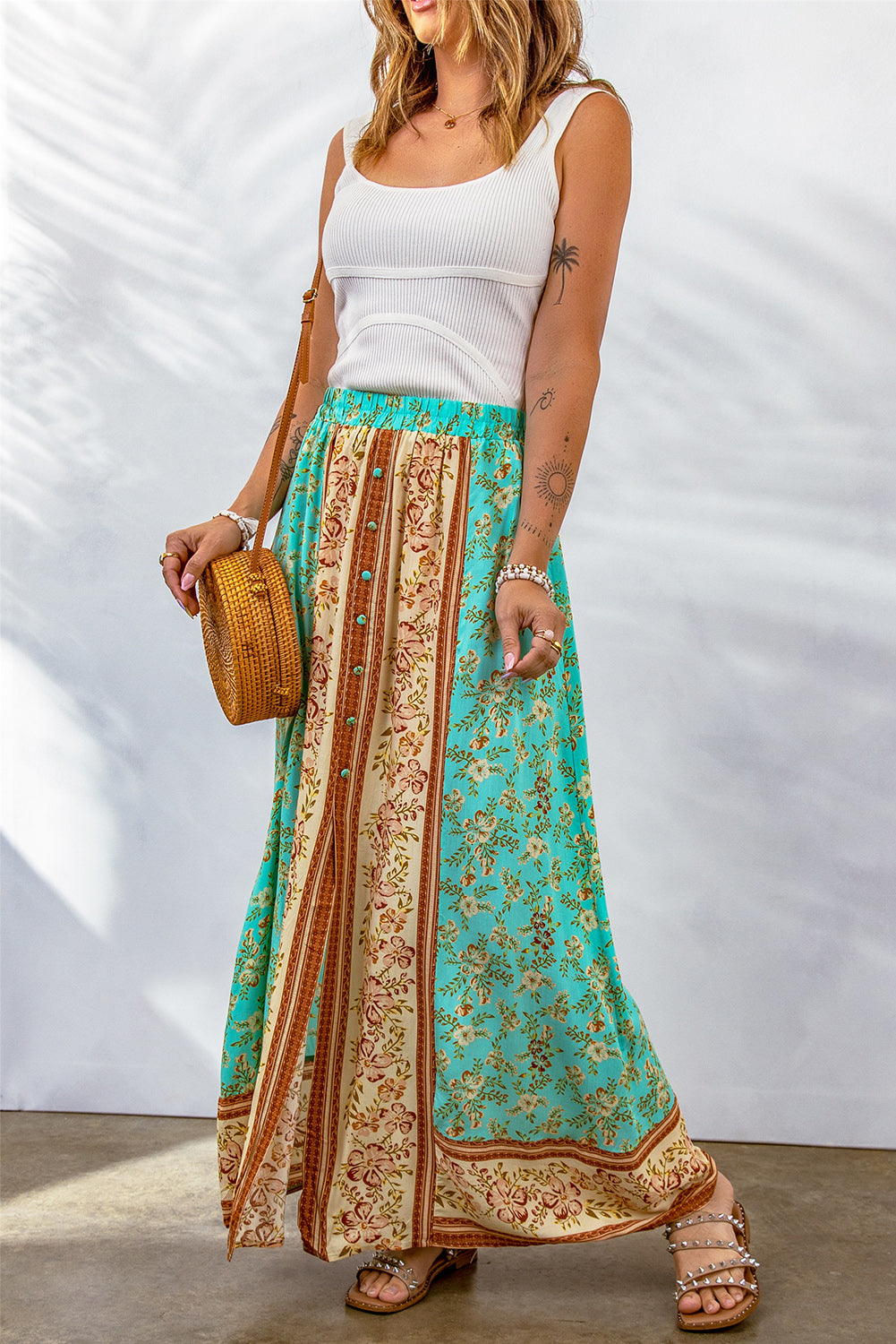 Boho Contrast Color Floral Print Button Slit Maxi Skirt
