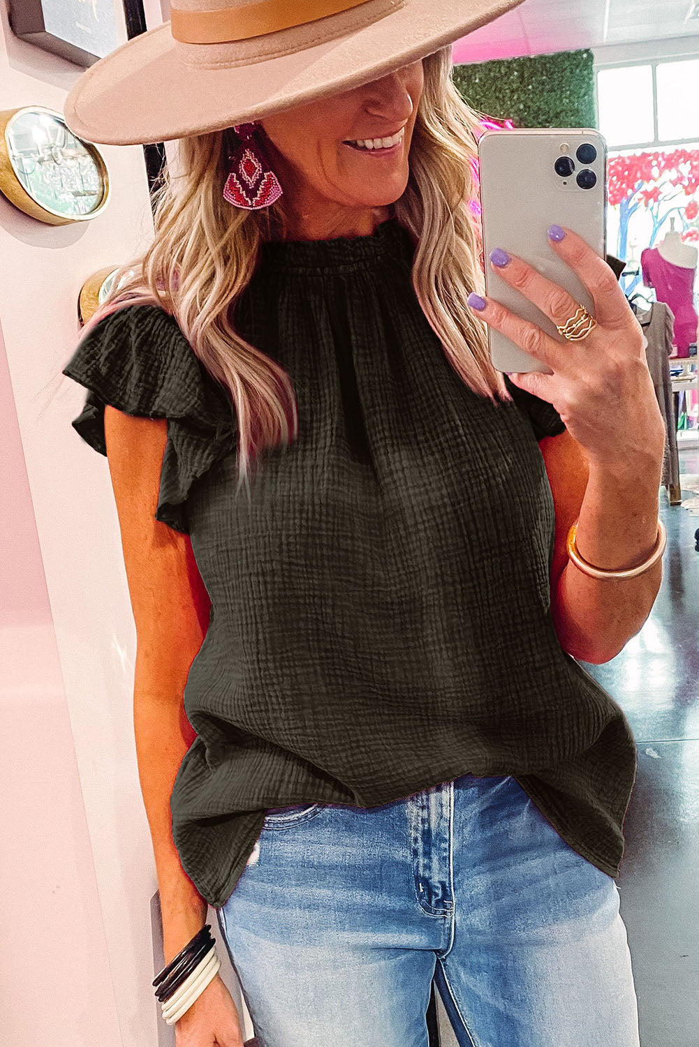 Flutter Sleeve Frilled Neck Textured Blouse