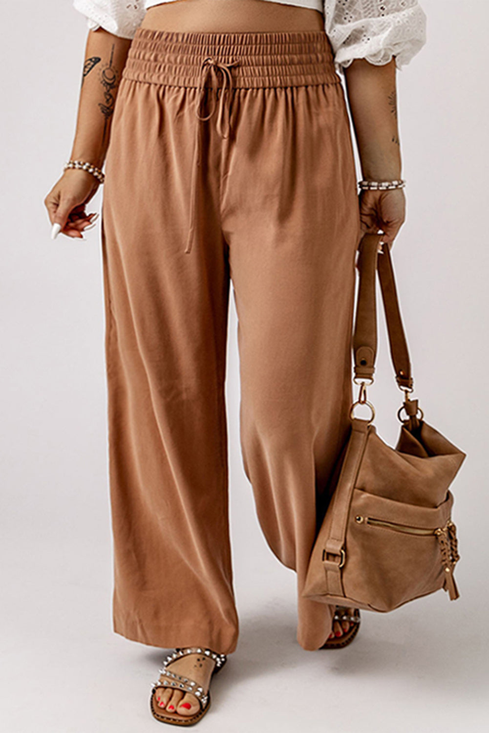 Brown Drawstring Elastic Waist Casual Wide Leg Pants