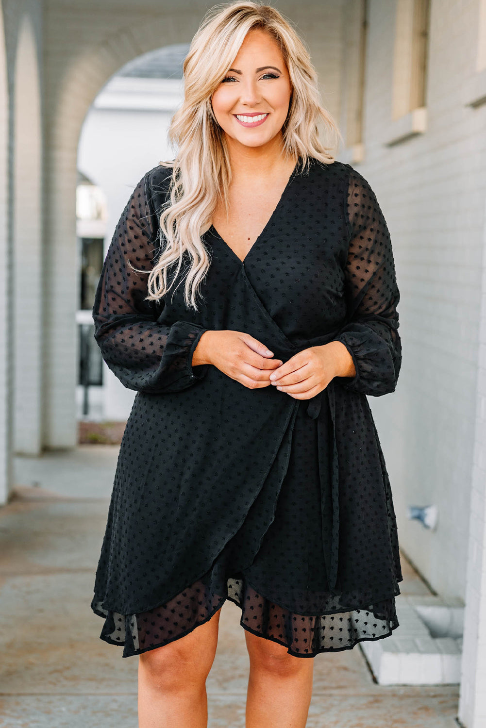 Plus Size Swiss Dot V Neck Wrap Long Sleeve Dress