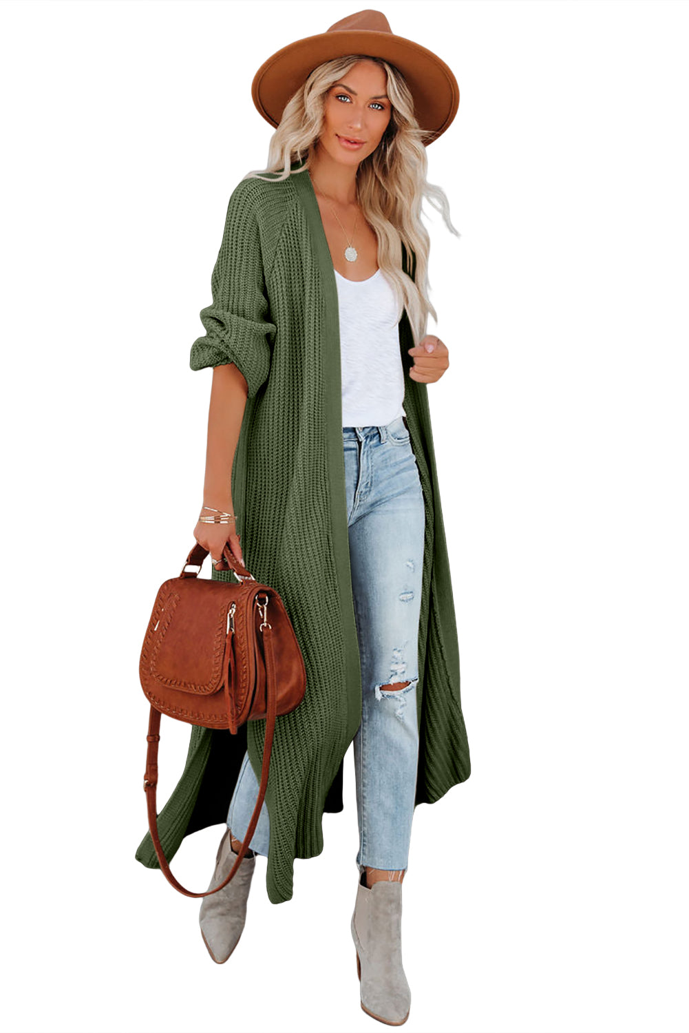 Green Open Front Side Slit Duster Knit Cardigan