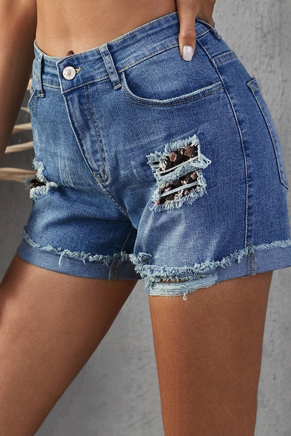 Plaid Patchwork Rolled Hem Denim Shorts