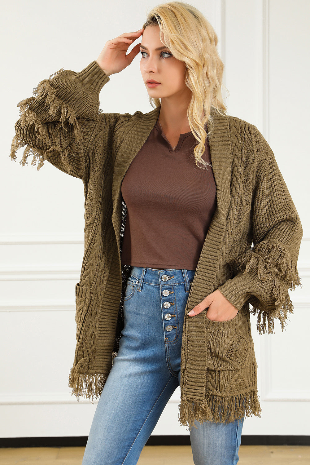 Fringe Trim Cable Knit Open Cardigan