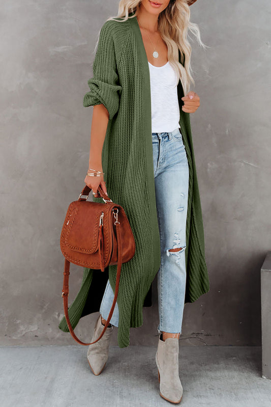 Green Open Front Side Slit Duster Knit Cardigan