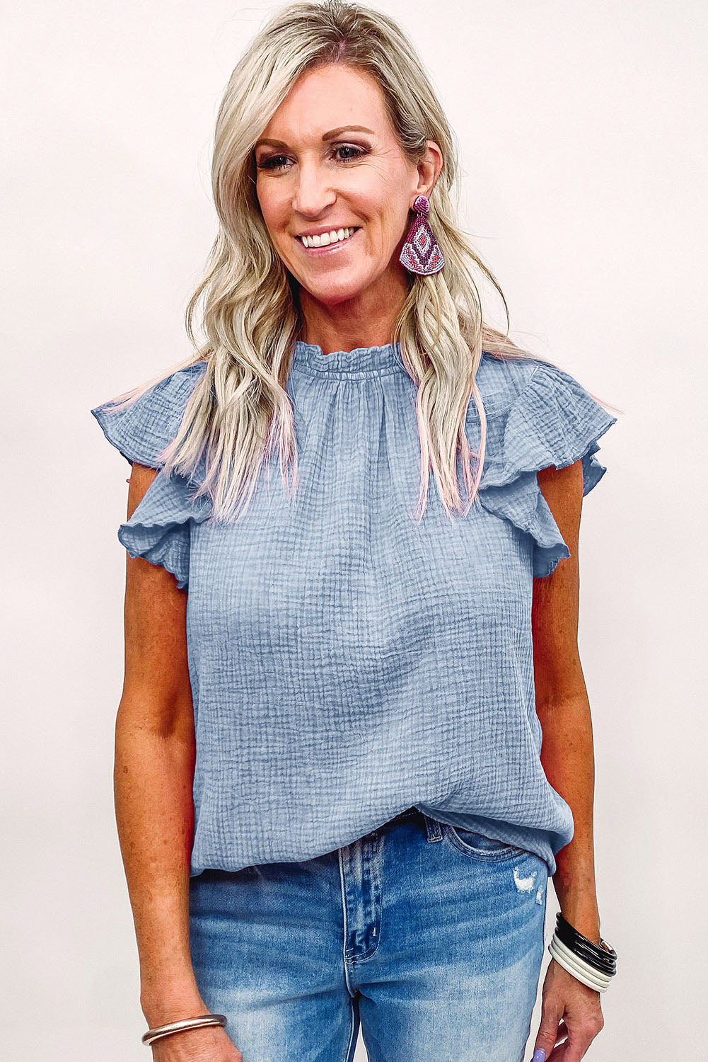 Flutter Sleeve Frilled Neck Textured Blouse