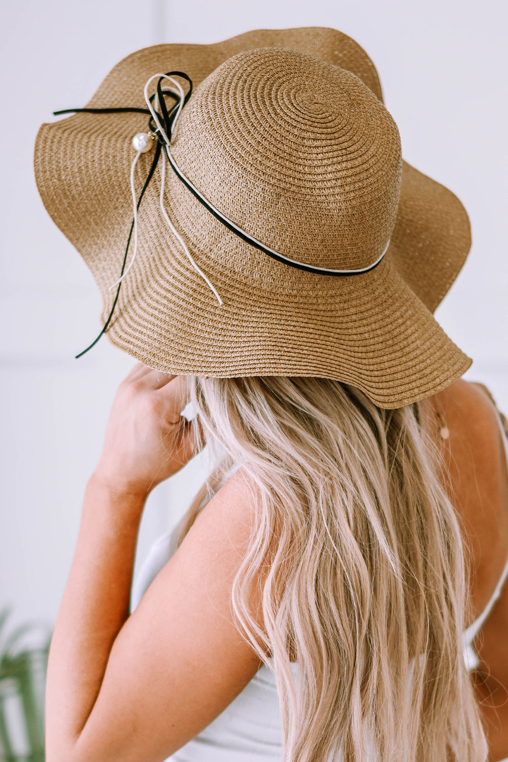 Khaki Bowknot Sun Visor Wide Brim Rolled Up Straw Hat