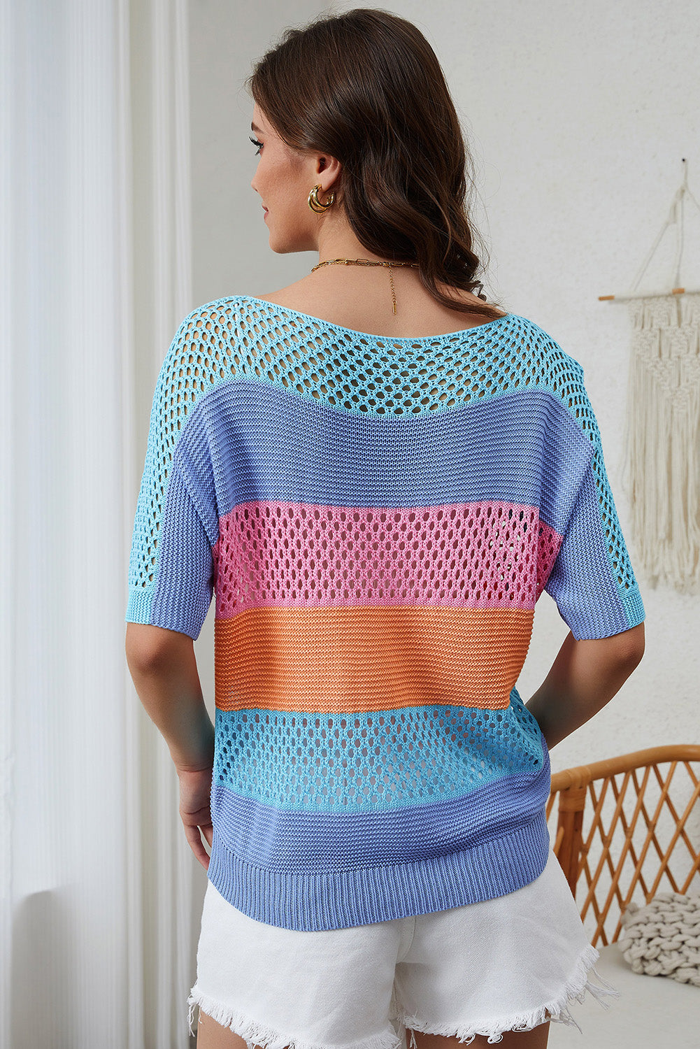 Pink Knitted Eyelet Colorblock Striped Half Sleeves Top