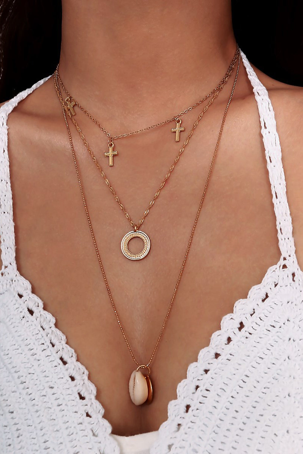 Cross Loop Shell Multi-layered Pendant Necklace