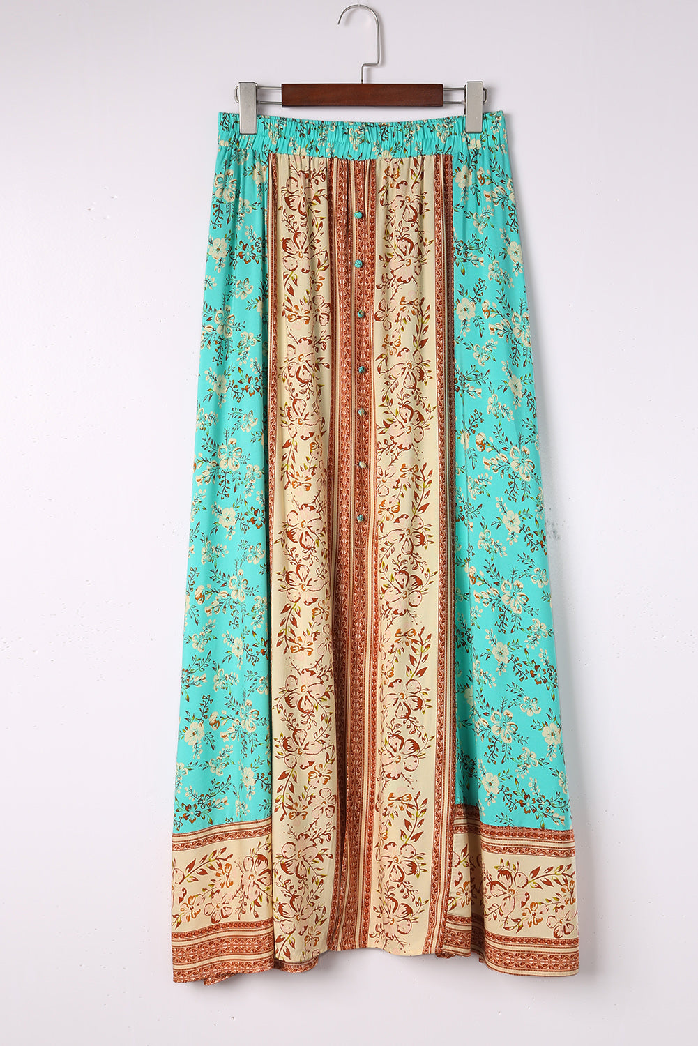 Boho Contrast Color Floral Print Button Slit Maxi Skirt