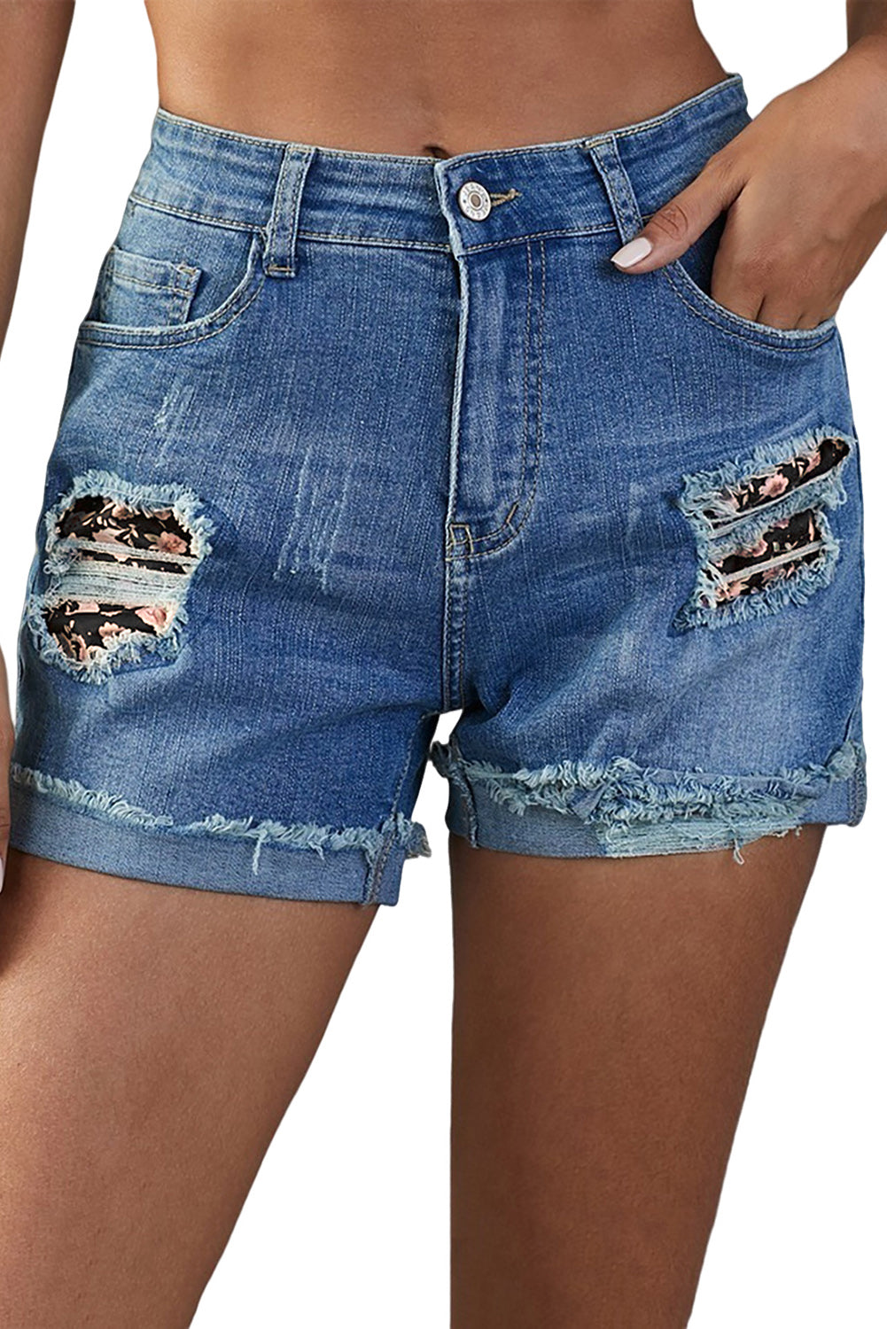 Plaid Patchwork Rolled Hem Denim Shorts