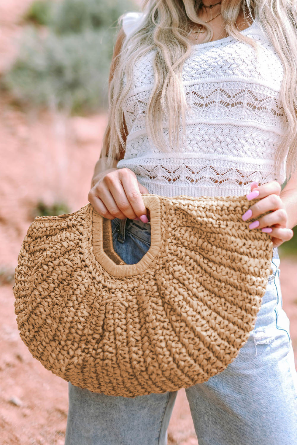 Semi-circle Braided Straw Bag 46*5*30cm