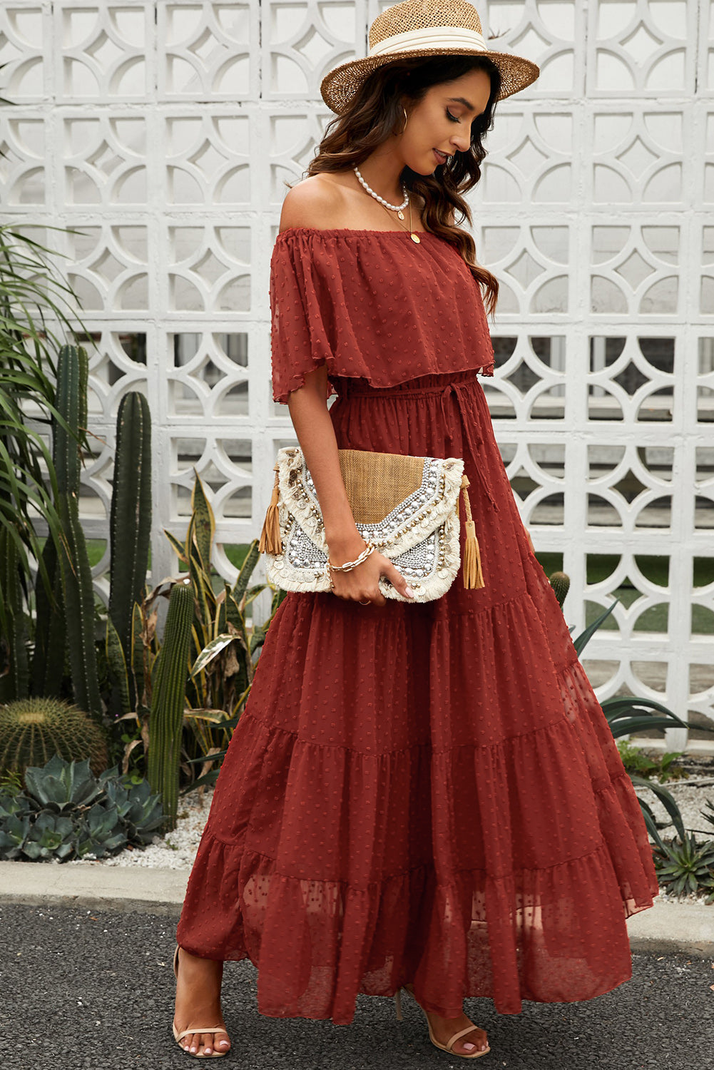 Yellow Yellow Off Shoulder Ruffle Swiss Dot Maxi Dress
