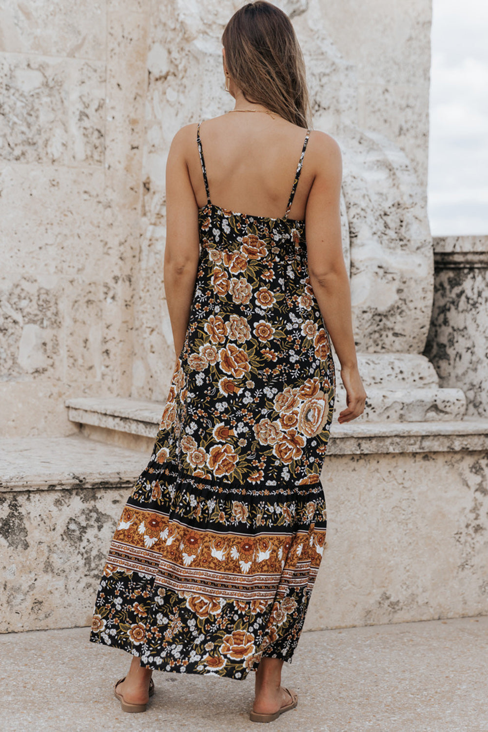 Retro Boho Floral Tassel Tie Maxi Dress