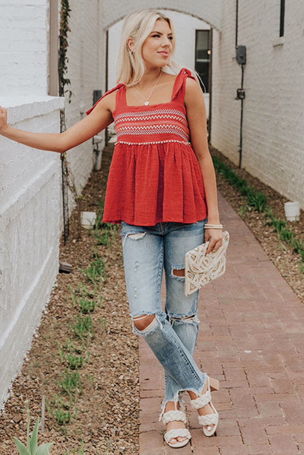 Embroidered Babydoll Tie Strap Tank Top