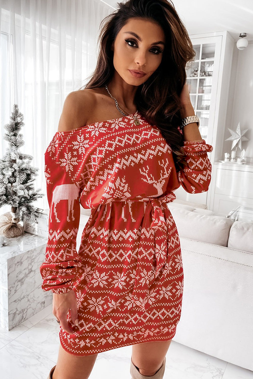 White/Red Christmas Pattern Print Lace-up Long Sleeve Mini Dress