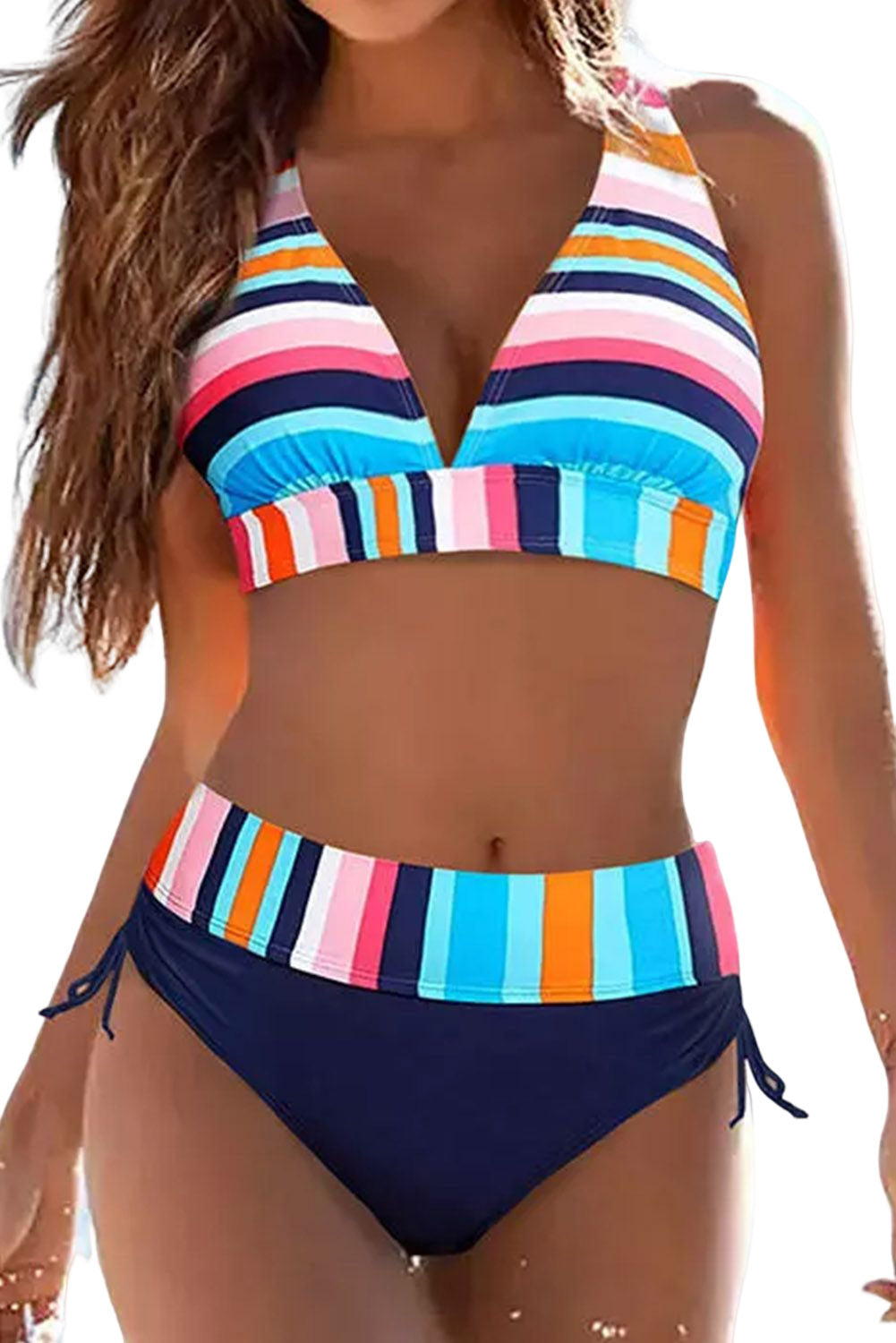 Multicolor Striped Ruched Tie Halter Backless Bikini Set