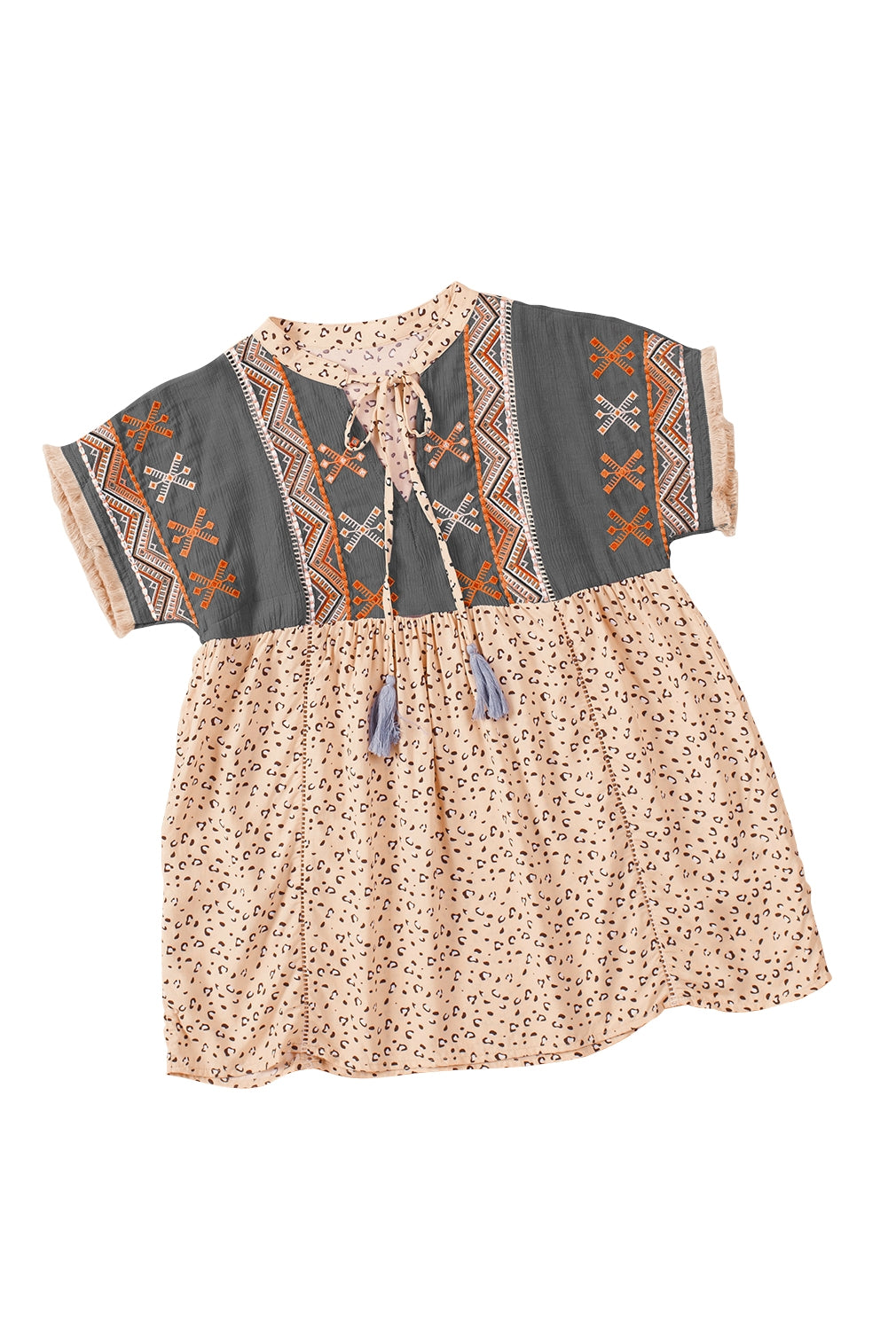 Khaki Geometric Leopard Patchwork Short Sleeve Top