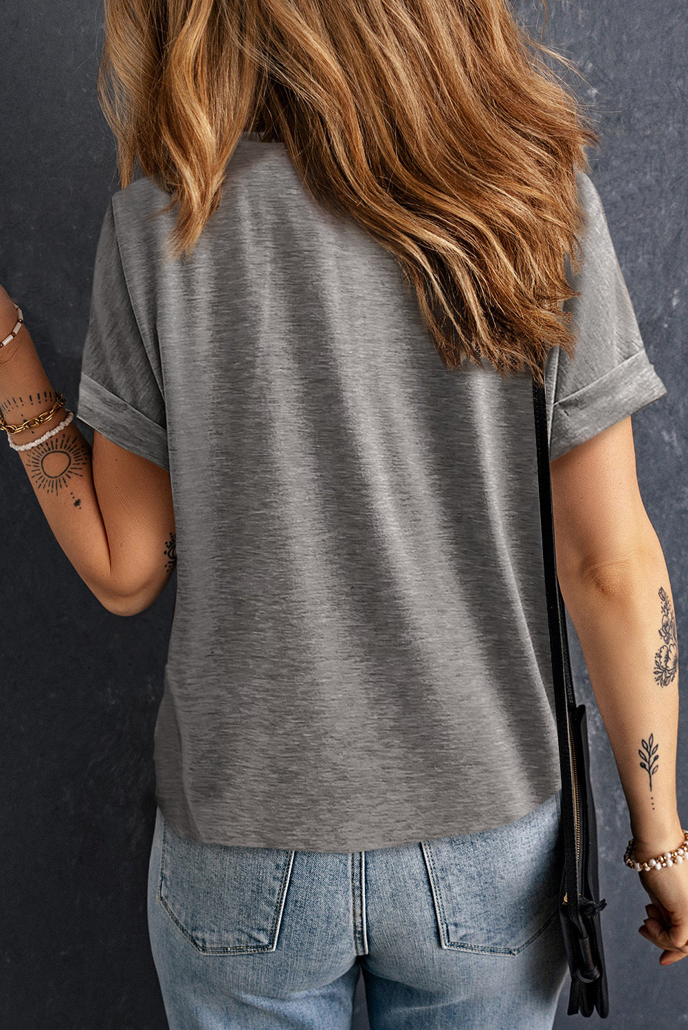 Button V Neck Rolled Short Sleeve T Shirt