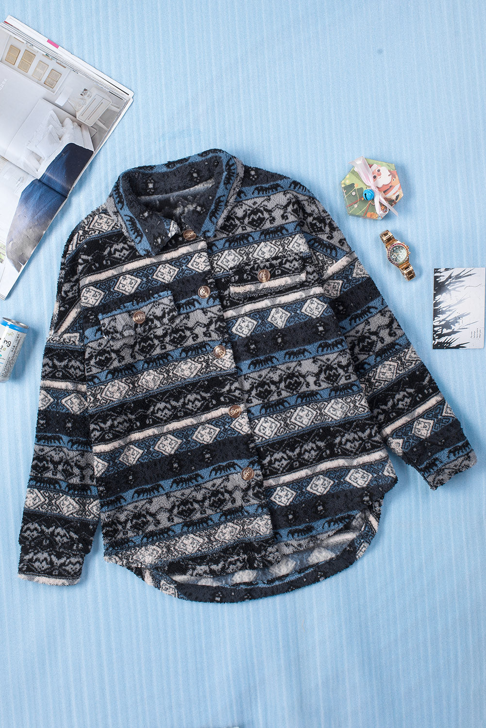 Tribal Print Pocket Buttoned Sherpa Jacket