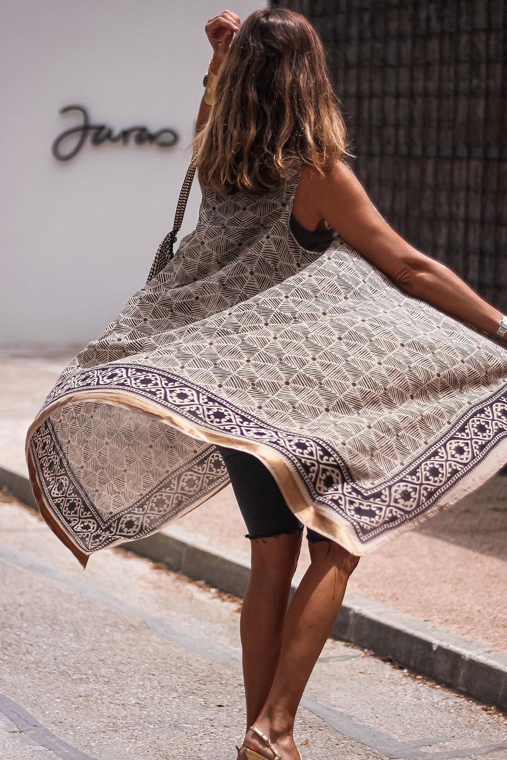 Khaki Western Fashion Print Sleeveless Kimono