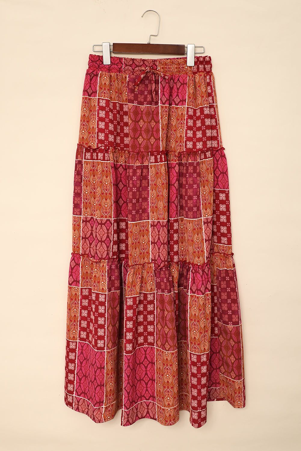 Tiered Paisley Print Pocketed Maxi Skirt