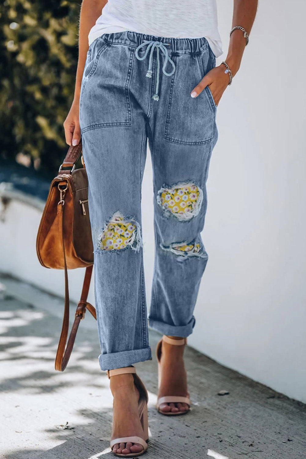 Drawstring High Waist Daisy Patches Straight Leg Jeans