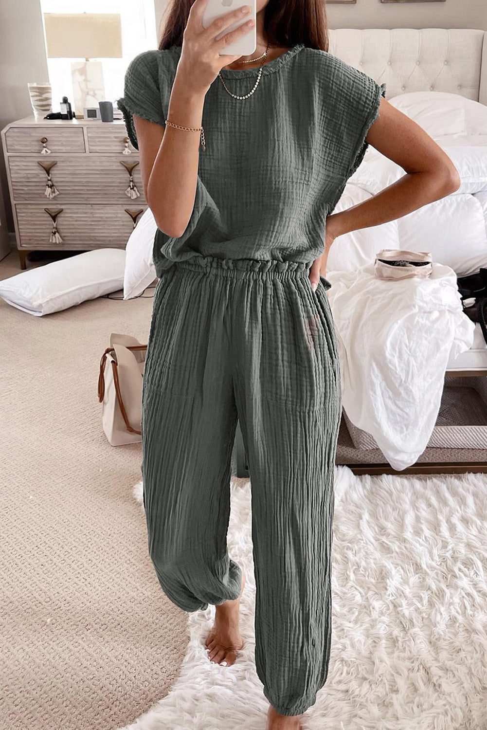 Crinkled Texture Tee and Jogger Pants Set