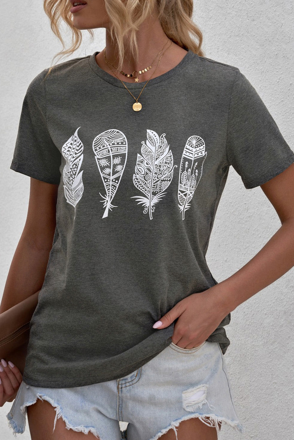 Geometric Feather O-neck T-shirt