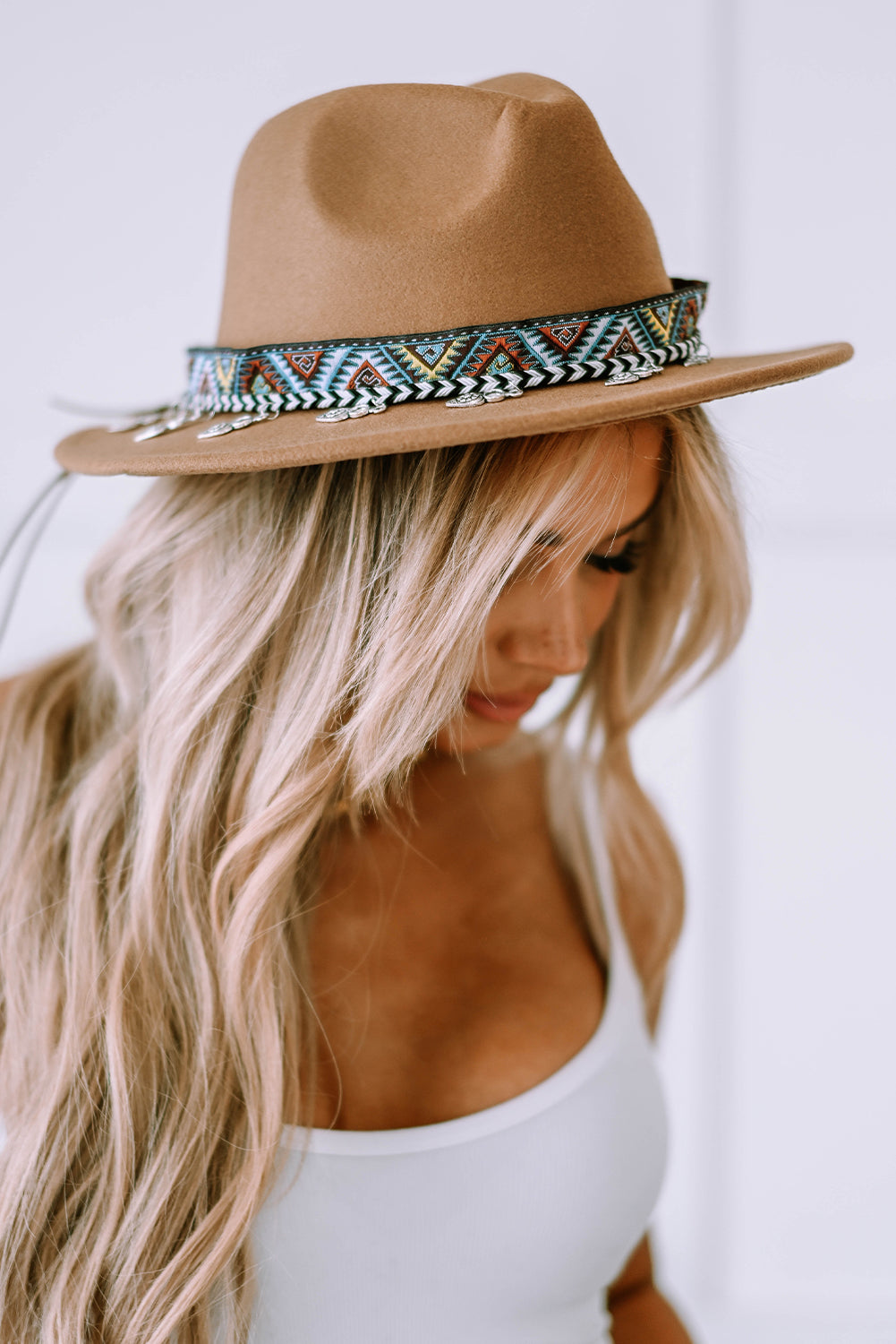 Khaki Silver Dangle Embroidery Decor Classic Jazz Bowler Hat