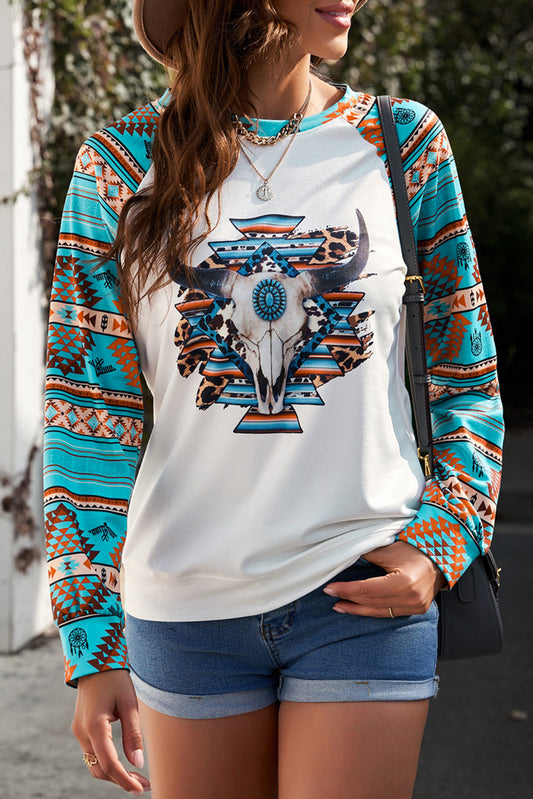 Aztec Sleeves Steer Head Graphic Women Sweatshirt