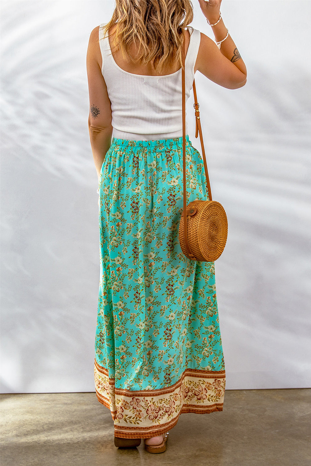 Boho Contrast Color Floral Print Button Slit Maxi Skirt