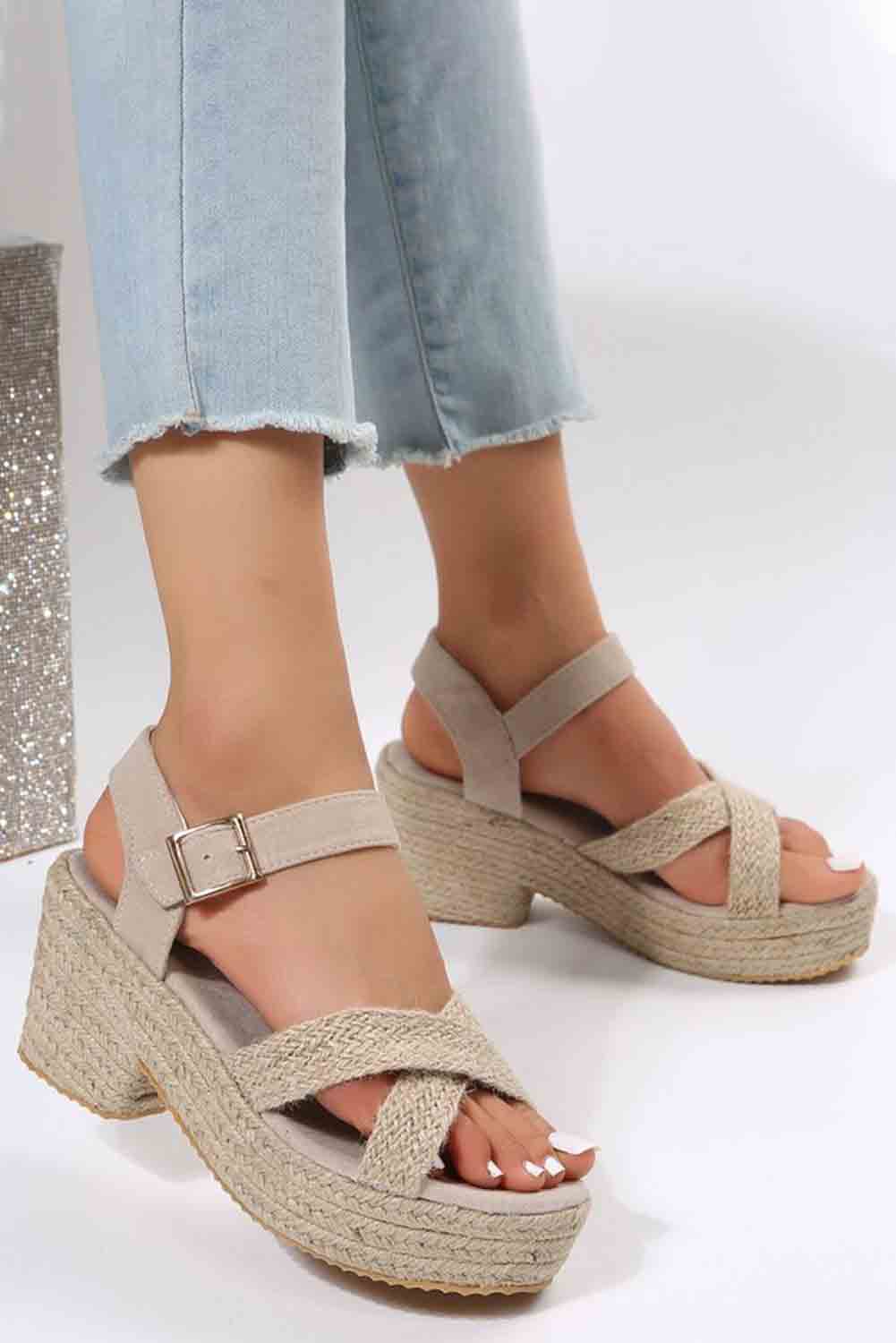 Criss Cross Linen Woven Buckle Wedge Sandals