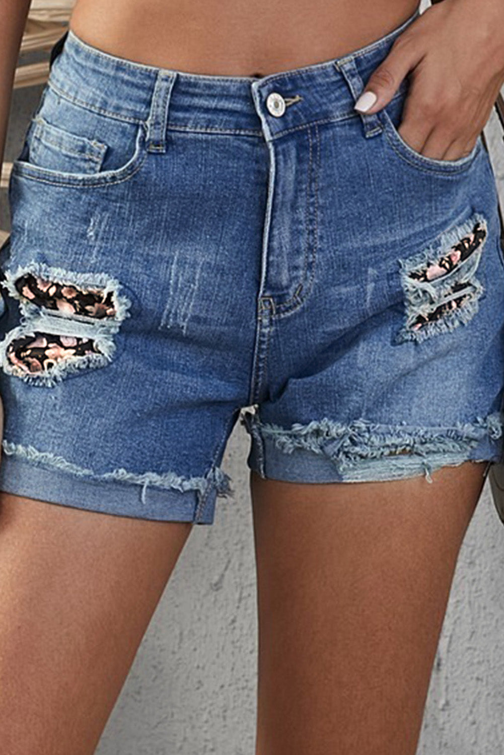 Plaid Patchwork Rolled Hem Denim Shorts