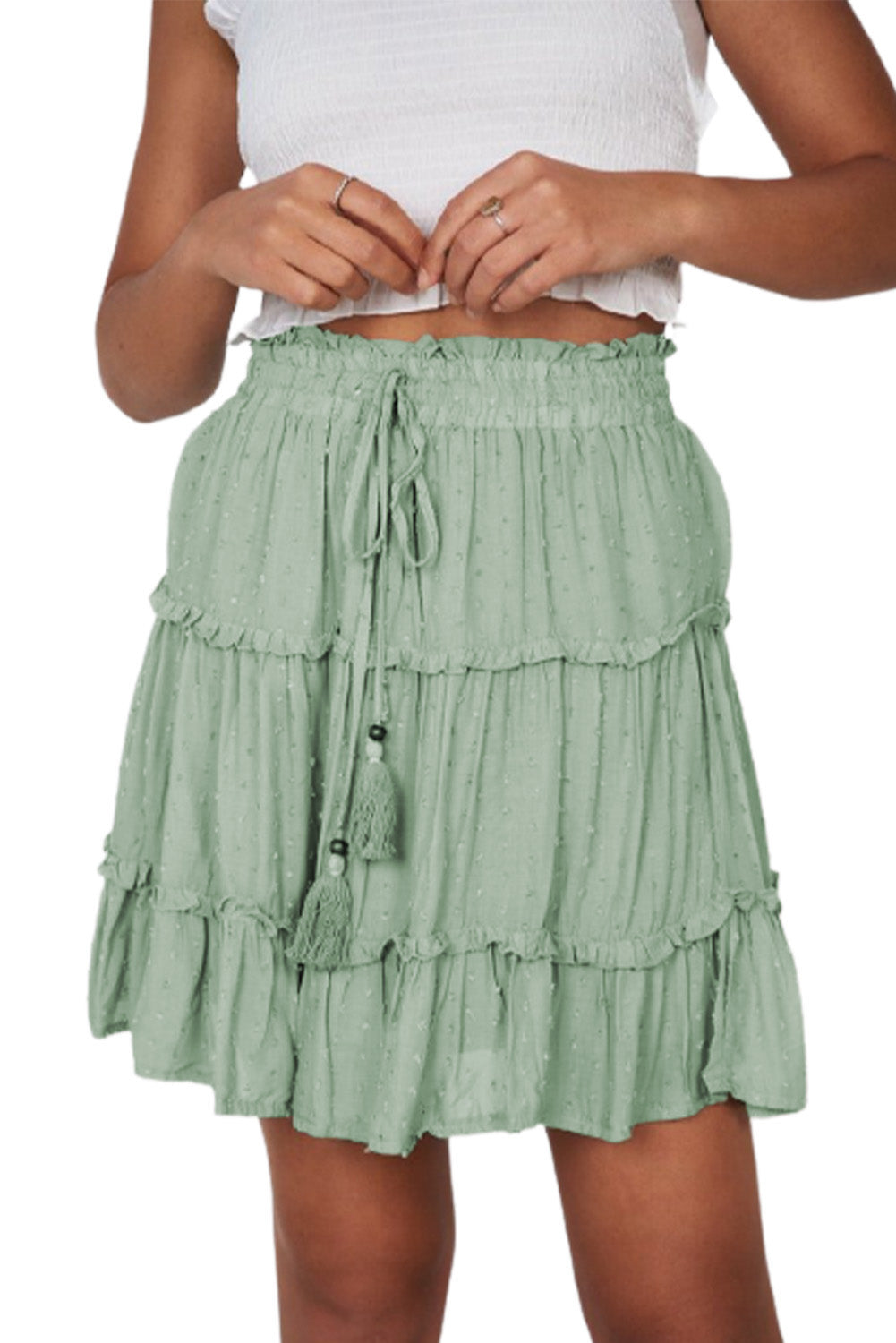 Smocked Waist Swiss Dot Frilled Tiered Mini Skirt
