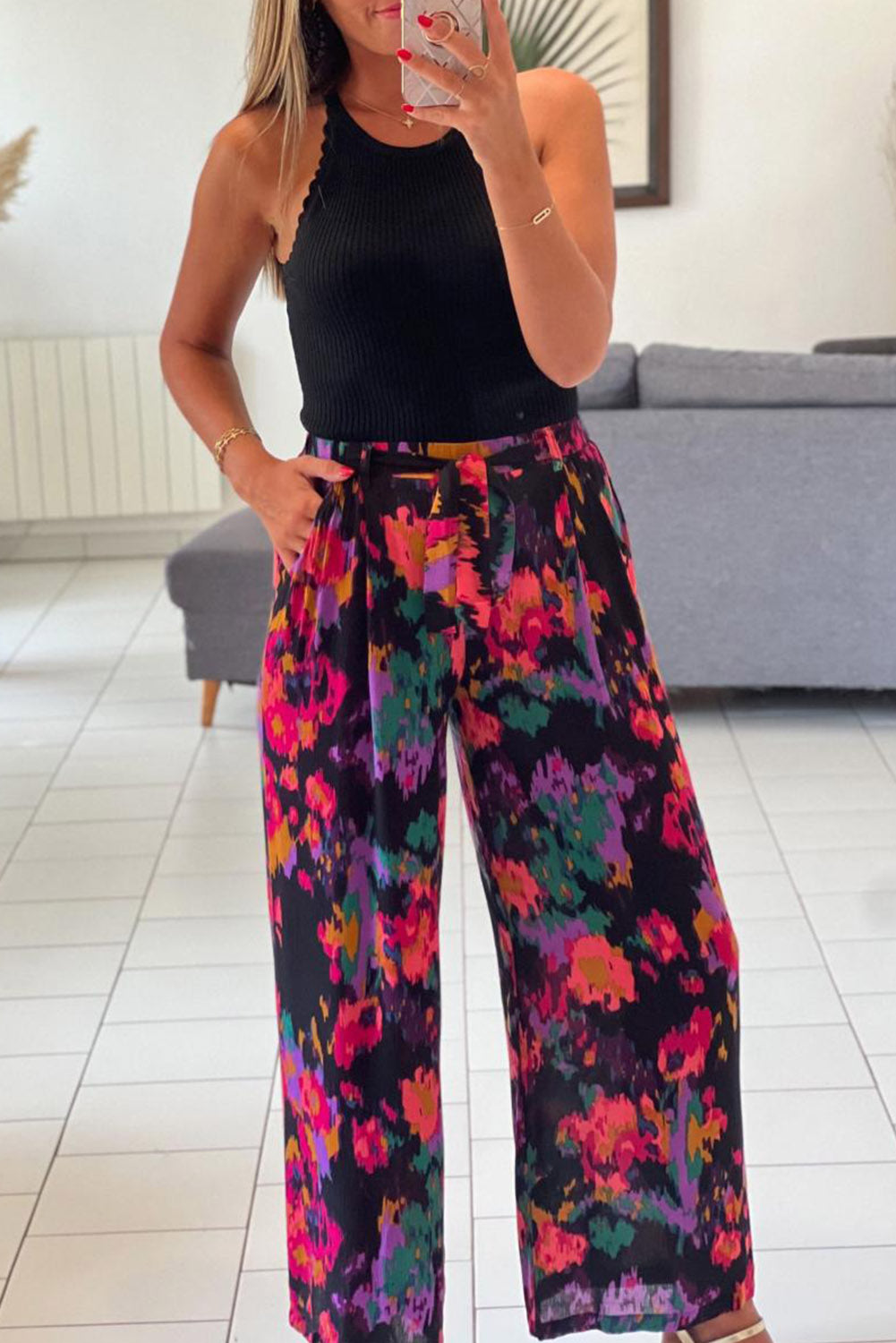 Graffiti Printed V Neck Puff Sleeve Blouse