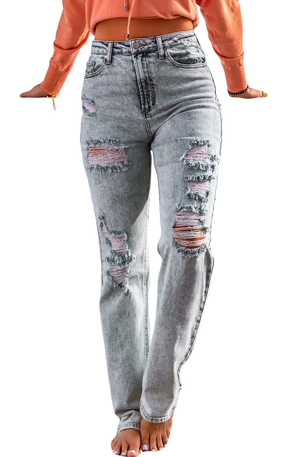 Fading Wash Distressed Casual Jeans
