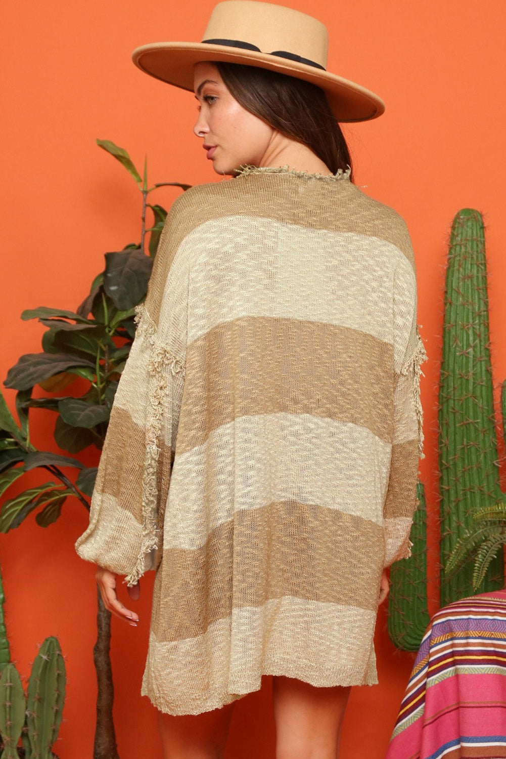 Khaki Two-tone Stripes Frayed Trim Lightweight Cardigan
