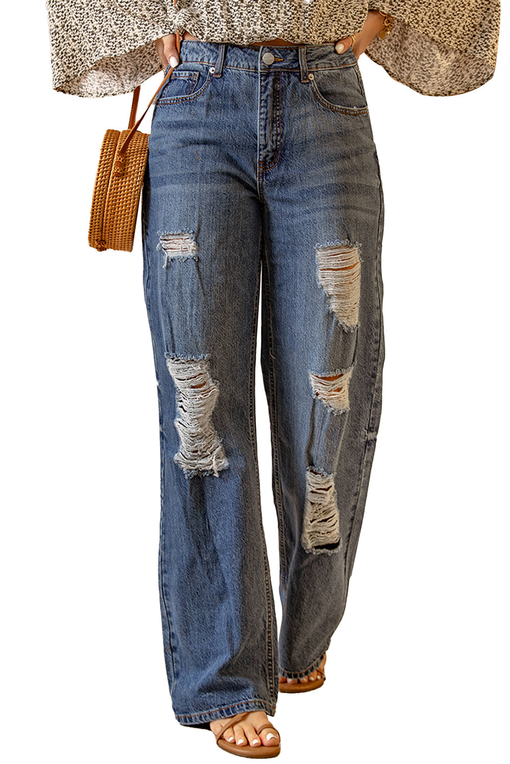 Distressed Ripped Slits Wide Leg Jeans