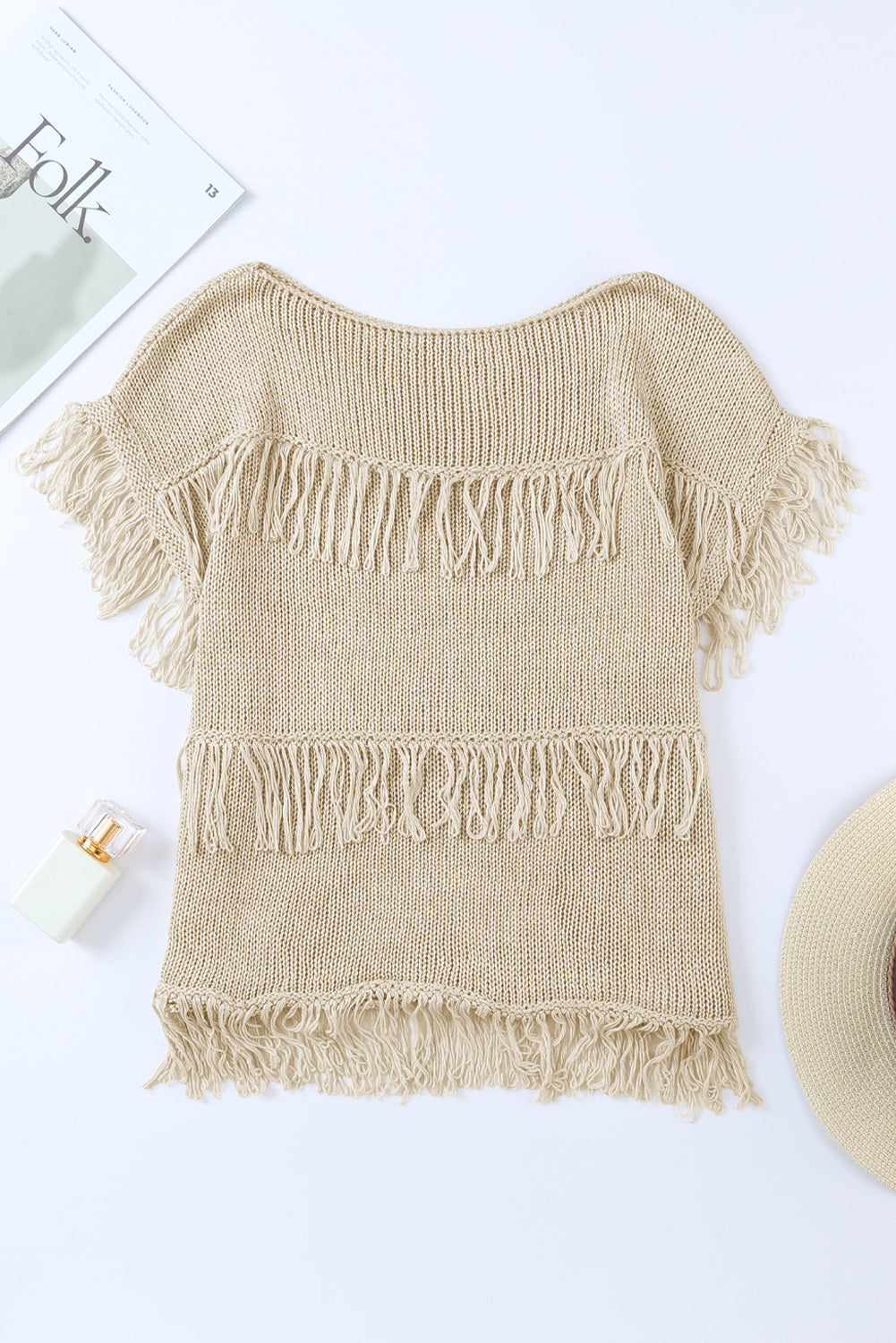 Khaki Crochet Knitted Fringed Short Sleeve Top