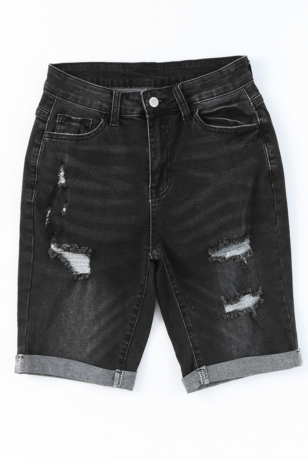 Black Roll-up Distressed Bermuda Denim Shorts
