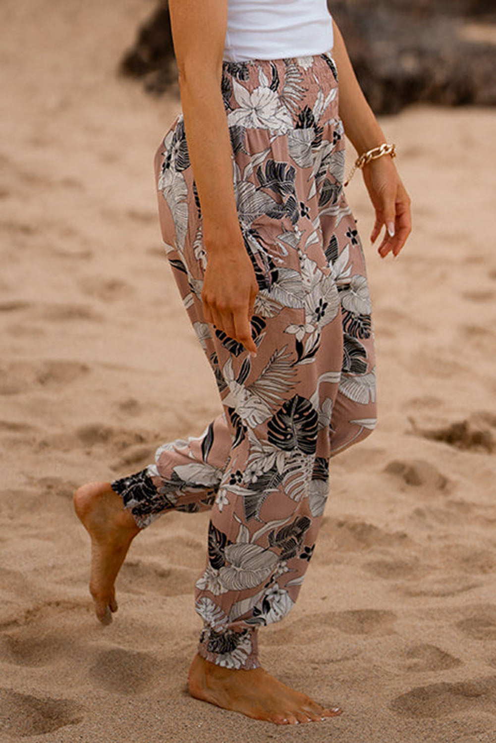 Multicolor Boho Smocked Waist Floral Print Jogger Casual Pants