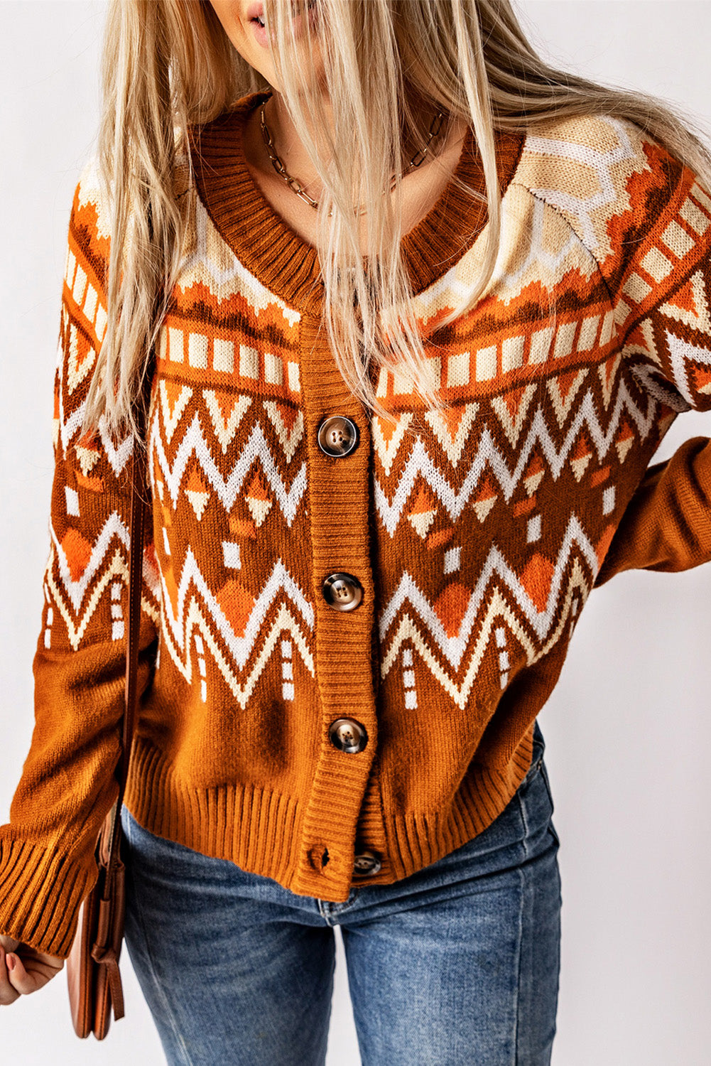 Geometric Pattern Buttoned Knit Cardigan