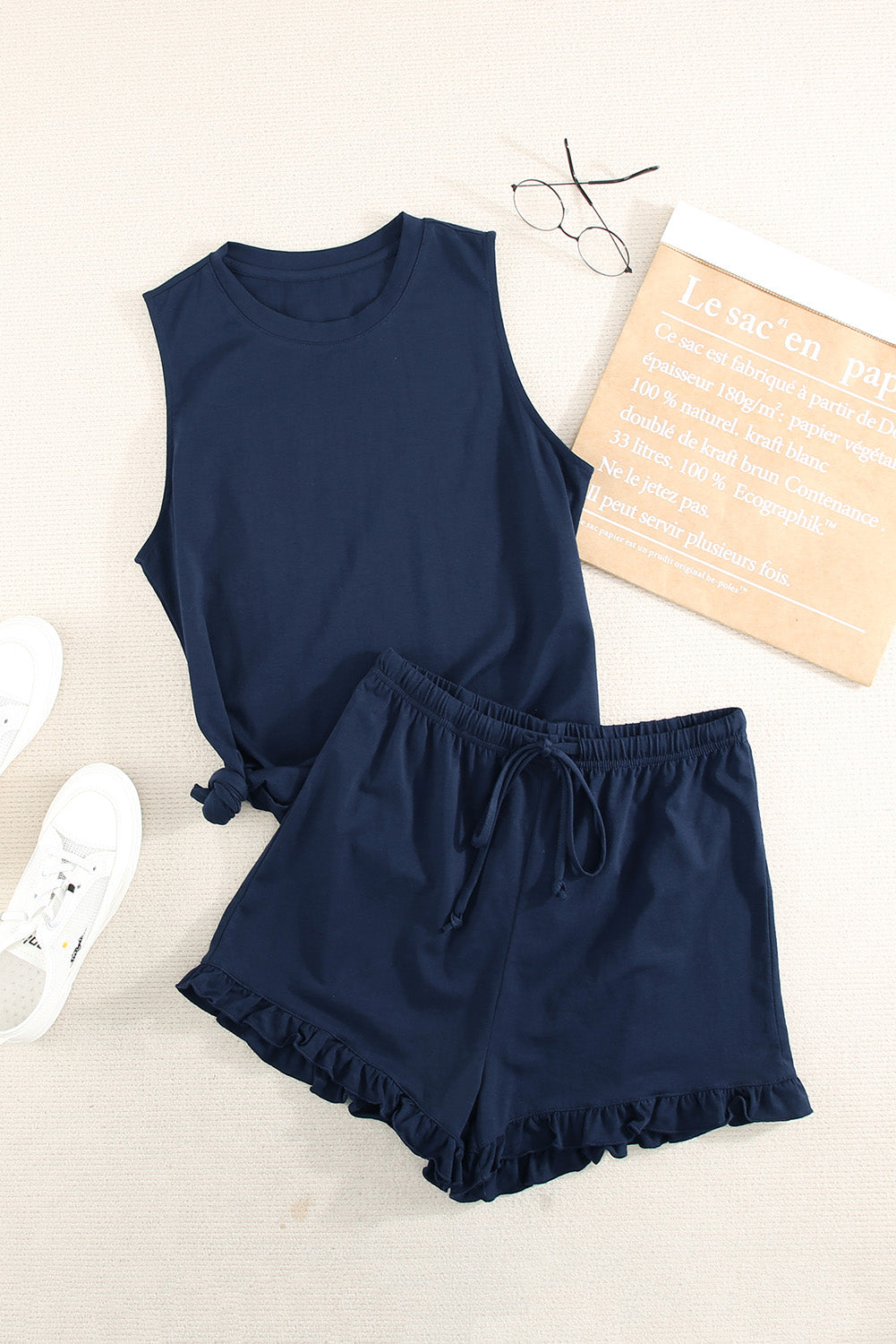 Crew Neck Tank and Drawstring Ruffled Shorts Lounge Set